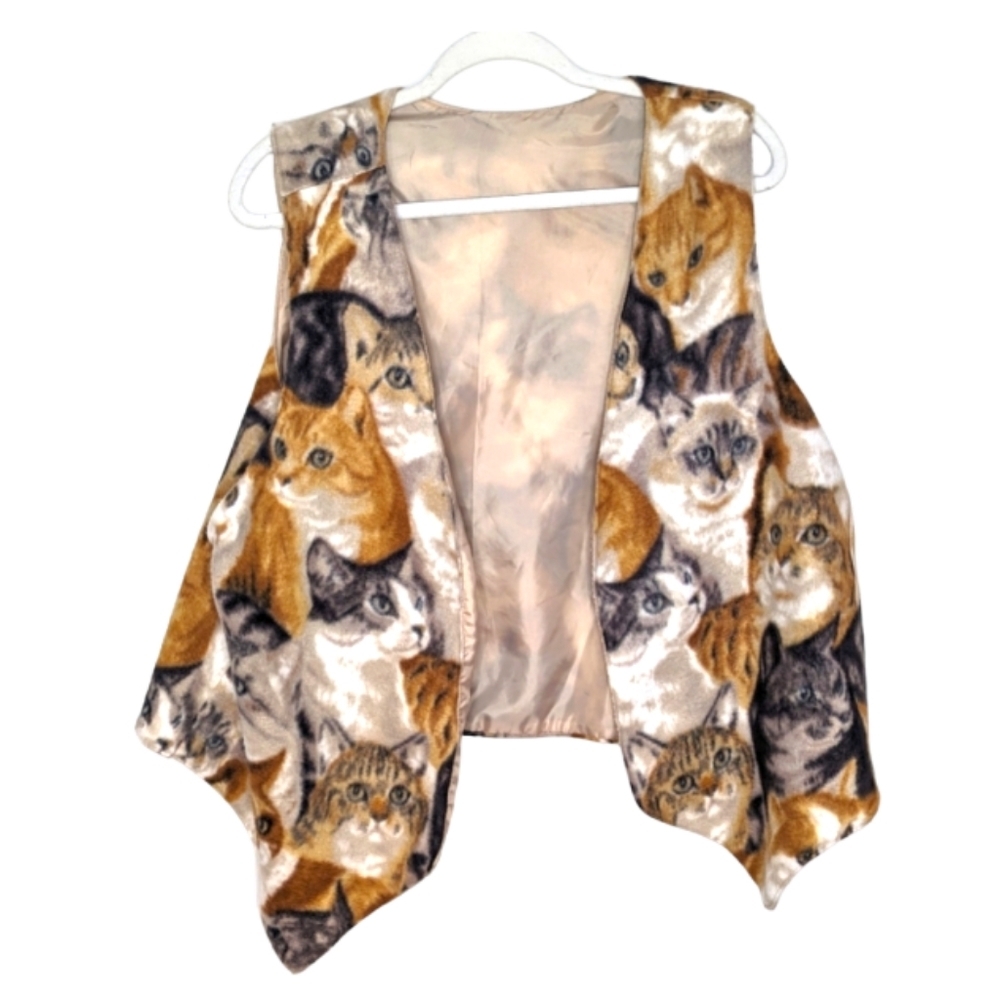 Vintage Cream and Brown Cat Print Vest
